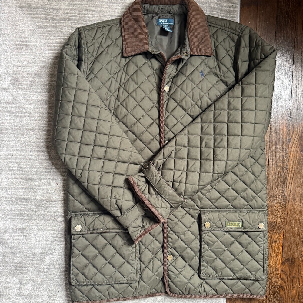 Ralph Lauren Olive Quilted Barn Jacket with Brown Corduroy Collar